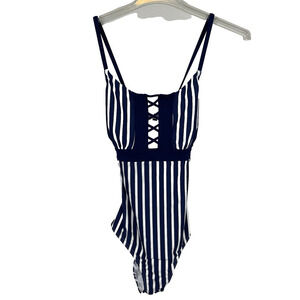 Lands End Lace Up One-Piece Swimsuit Womens 12 Blue & White Beach Resort Cruise